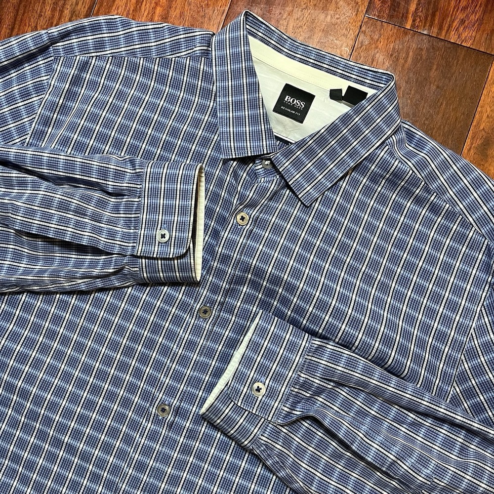 Boss Hugo Boss Shirt Mens XL Extra Large Blue Plaid Long Sleeve Button Up Preppy